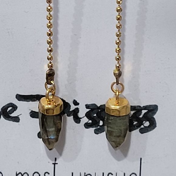 HANDMADE LABRODORITE CRYSYAL LONG HANGING GP EARRINGS - Picture 2 of 7